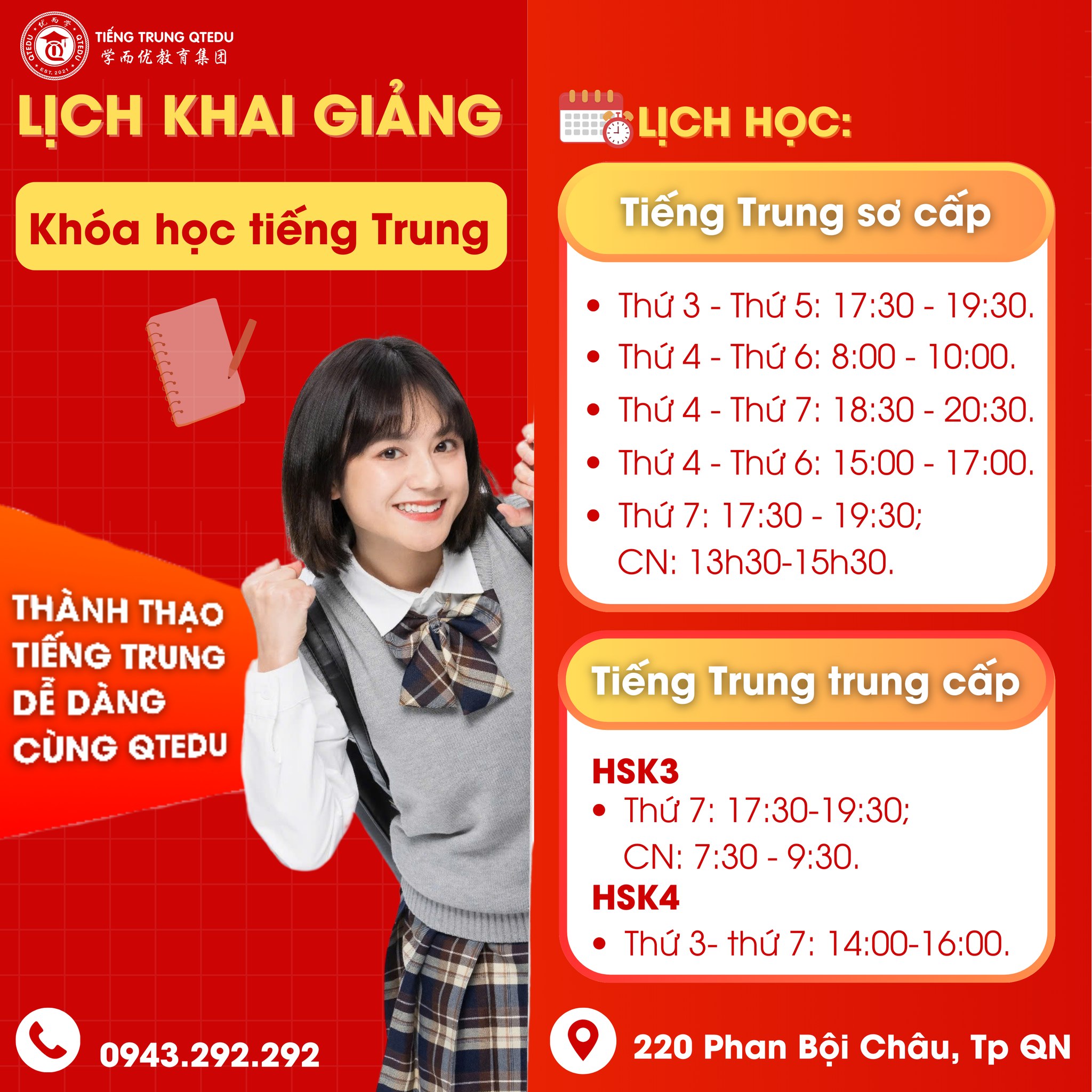 lịch khai giảng các lớp tiếng trung
