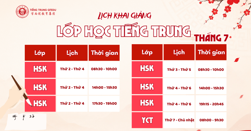 Lịch khai giảng lớp học tiếng Trung tháng 7